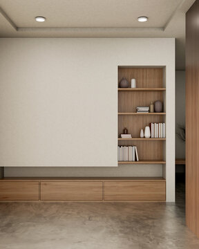 Recessed bookshelf in white wall over wooden cabinet and grey cement stone floor corridor in a house