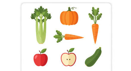 Fototapeta premium Fresh Vegetables and Fruits Collection: Carrot, Celery, Pumpkin, Apple, Zucchini
