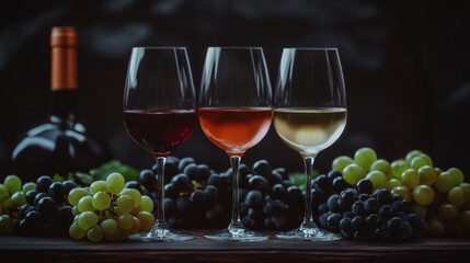 Fototapeta premium Three glasses of wine with grapes on rustic background