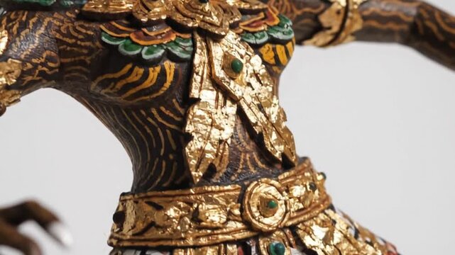 Festival Wayang, the intricate gold leaf details and vibrant hand-painted pigments of a Wayang puppet