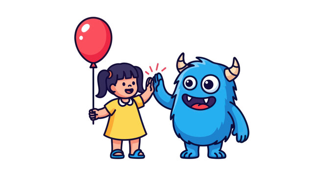 Cute cartoon girl and friendly monster giving high five with red balloon