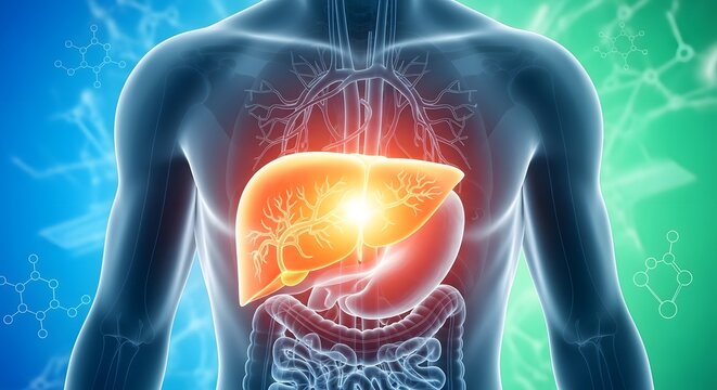 Liver anatomy and detoxification function. Hepatic system and digestive health. 3D human body silhouette with glowing liver and internal organs