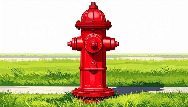 Bright red fire hydrant standing on green grass beside sidewalk, clean illustration style, outdoor suburban setting, vivid colors, minimal background, sharp details, daylight scene