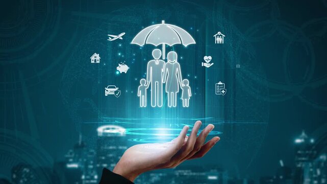 Concept of Family Protection and Security in Digital Insurance with Floating Icons Representing Coverage, Care, and Support for Loved Ones Sigmoid