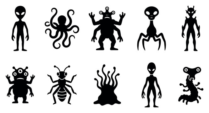 A collection of ten black silhouette icons representing various alien creatures and monsters, including classic grey aliens, octopuses, and insectoids, set against a white background.