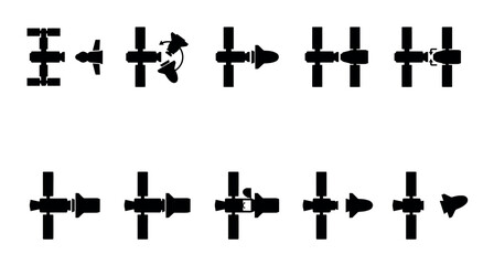 Fototapeta premium Silhouette icons depict a series of satellite docking steps, illustrating a spacecraft approaching and connecting with a space station, ideal for technical or educational content.
