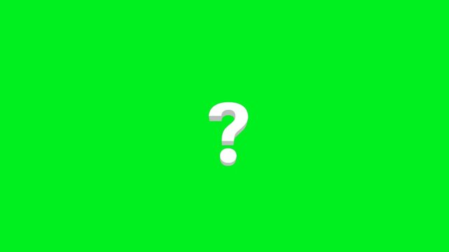 Animated 3D question mark rotating in a continuous loop on green screen background, motion graphic element for education, problem solving concepts, and digital media production.