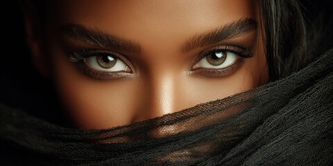 Naklejka premium Close-up portrait of a woman's captivating eyes peeking through dark fabric