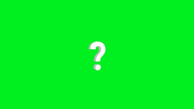 3D animation loop of a rotating question mark symbol on green screen chroma key background, smooth motion isolated for easy compositing, perfect for presentations, quiz and educational content.
