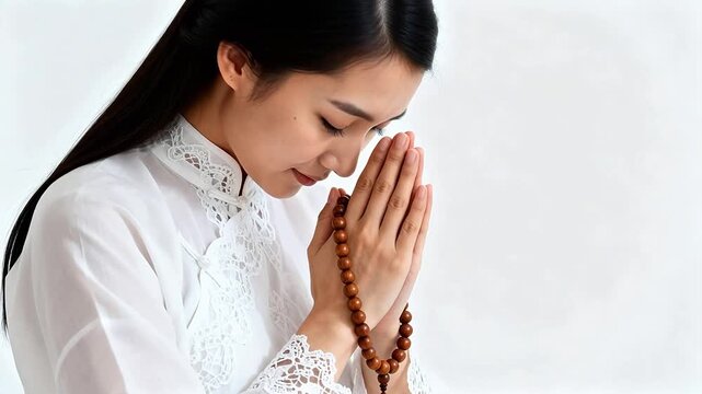 Woman in prayer with beads