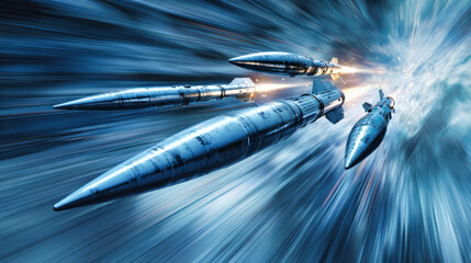 Naklejka premium Nuclear missiles travel rapidly around a globe, showing movement in a tense and action-filled military scenario that portrays global conflict
