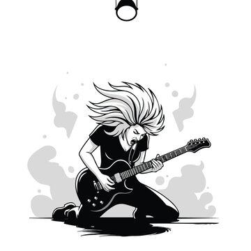 Intense black and white illustration of a kneeling guitarist mid riff, long hair flying in a dramatic stage scene celebrating a guitar hero