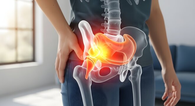 Hip joint pain and pelvic bone anatomy. Orthopedic health and inflammation concept. Woman touching painful hip with glowing red internal skeleton view
