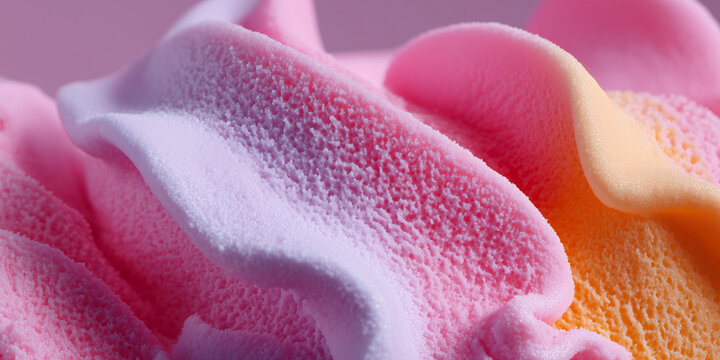 A close-up view of a colorful bath sponge that is pink and yellow with soft textures