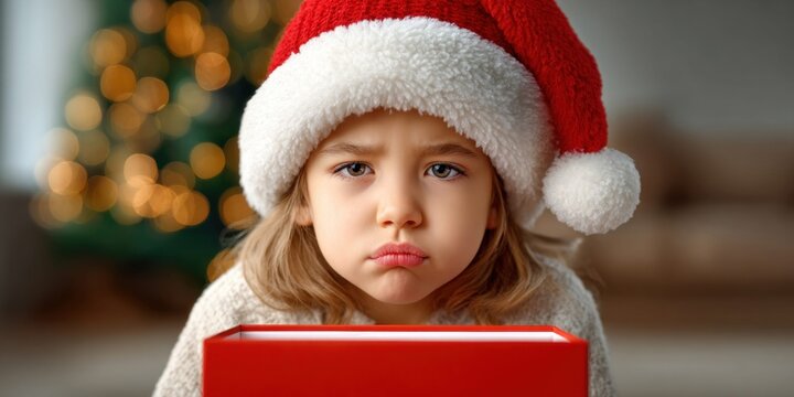 Disappointed child in Santa hat opens an empty gift box with a pouty face