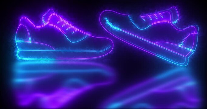 4K Neon shoes animation for yoga, web design, and social media. Neon fitness sneaker shoes animation on a black background.Cool symbol shoes for sports games with copy space. Easy to use.