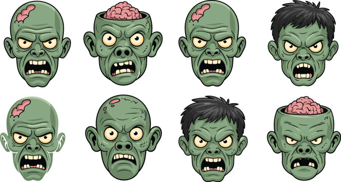 Collection of Scary Zombie Head Avatars with Green Skin and Exposed Brains Cartoon Vector Illustration Set for Halloween Horror Design