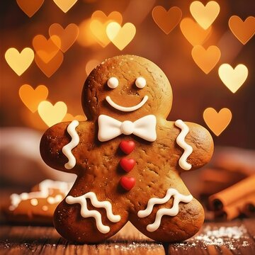 Lebkuchenmann mit Herz-Bokeh-Hintergrund