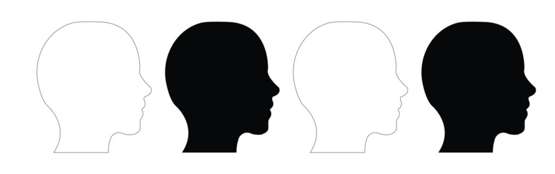 Vector silhouettes of head icons people featuring a black profile of a woman and man thinking with an abstract brain icon to symbolize a business mind concept or human idea