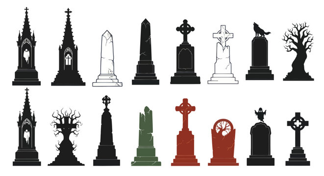 Gothic Cemetery Gravestones Collection, Spooky Halloween Tombstones, Dark Monument Icons