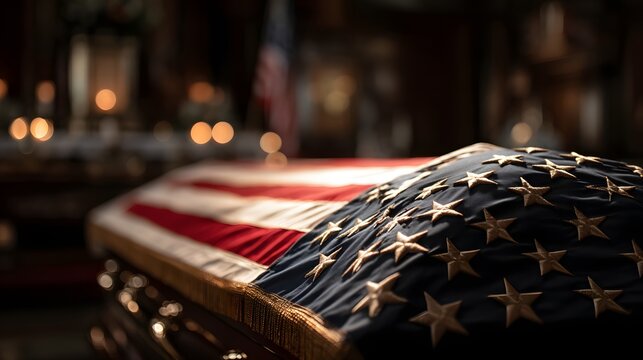 American flag draped over a polished wooden casket