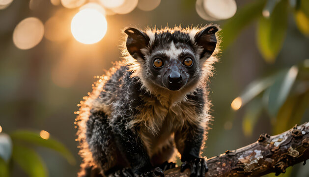 a small, furry animal with large eyes sitting on a branch. The animal's dark fur contrasts with the warm sunlight in the background.