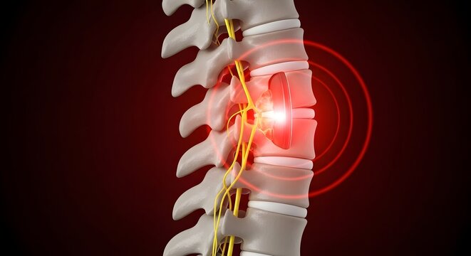 Herniated disc and spinal nerve compression. Neurology and sciatica pain relief. Side view of vertebral column showing a slipped disc pressing on yellow nerves