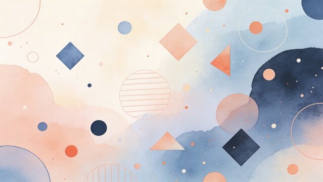 テクスチャのある背景に円、正方形、三角形の形が描かれたモダンな幾何学抽象水彩背景