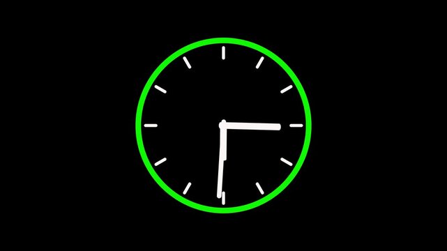 watch animation on black background with alpha channel. Clock icon flat style 24 hours day fast speed with moving timer clock rotation.