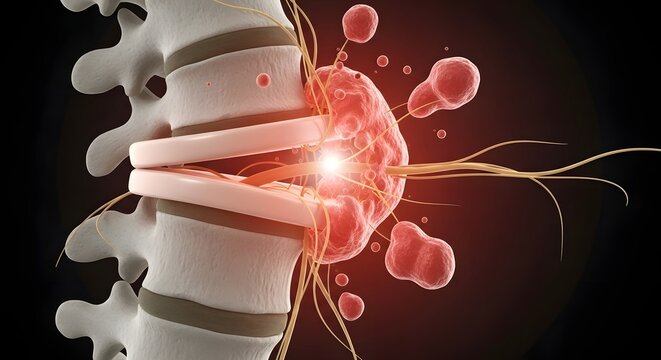 Herniated disc and spinal cord injury. Orthopedic surgery and back pain relief. Close up of spine vertebrae with glowing damaged disc and nerve compression
