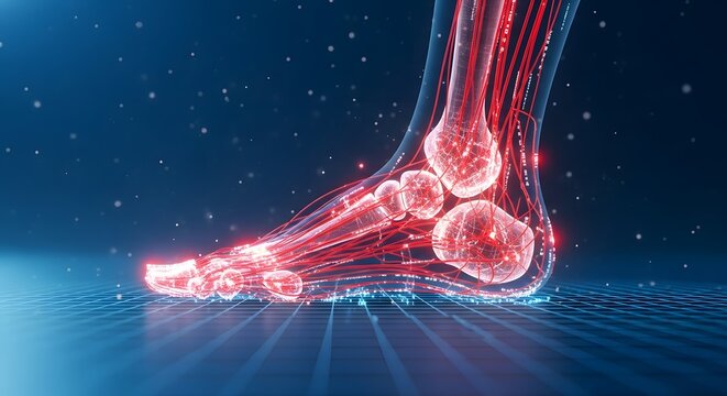 Digital foot anatomy and biomechanics. Podiatry technology and sports science. Transparent glowing foot on grid floor showing internal bones and vascular system