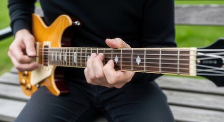 Fototapeta premium Person playing an electric guitar outdoors, strumming strings with a pick. Seated on a wooden bench, enjoying music with a green bokeh background.