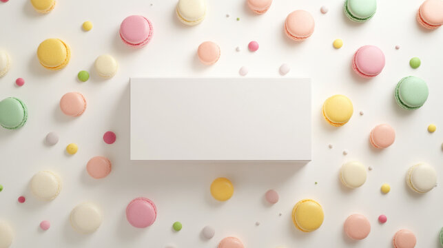 Colorful Macarons and Candies with Blank Box on White Background