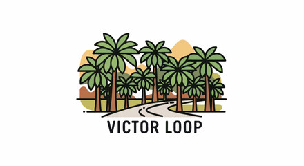 Fototapeta premium Winding road leads through palm trees with stylized hills in background