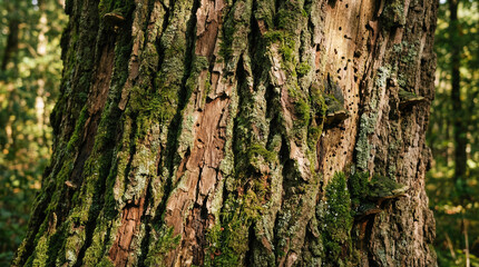 Obraz premium A textured tree trunk covered in green moss, rough bark, various holes, and small mushroom-like growths in a forest setting.