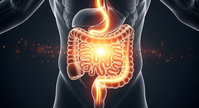 Human digestive tract and intestinal tract anatomy. Gastroenterology wellness and internal organ function. Glowing digestive system showing the path of food through stomach and colon.