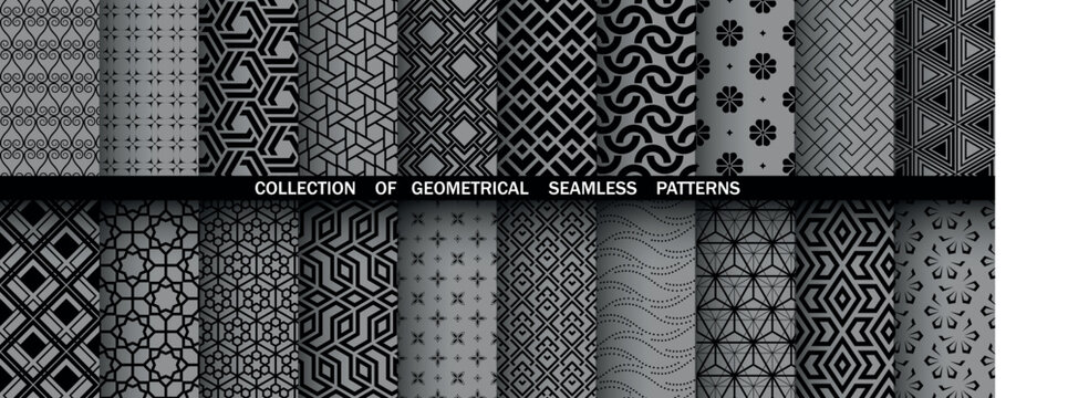 Geometric set of seamless black and gray patterns. Simple vector graphics