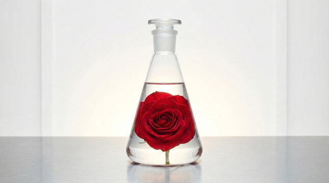 A vibrant red rose submerged gracefully in clear water within a scientific Erlenmeyer flask, against a stark white background.