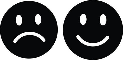Fototapeta premium Happy and Sad Face Icons, black and white vector emoji set, positive and negative emotion symbols, customer feedback and mood indicator graphics
