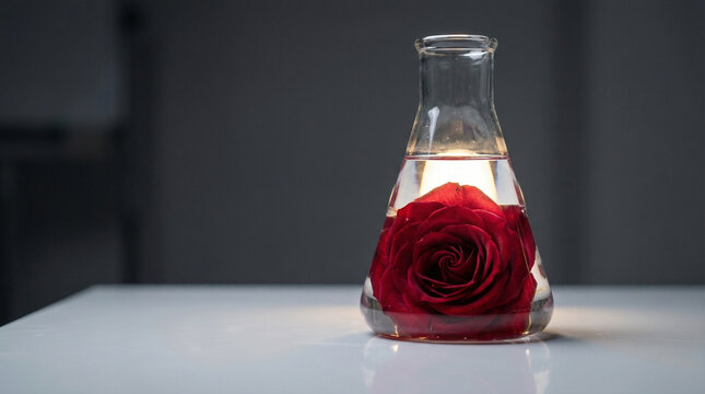 A striking red rose, beautifully illuminated within an Erlenmeyer flask of clear water, set against a mysterious dark background.