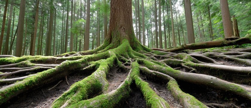Roots grow through black dirt under a tree trunk in a forest surrounded by green trees with moss covering the roots in high-resolution quality