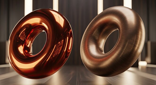 Abstract geometric torus shapes with contrasting metallic finishes one gleaming copper and the other brushed bronze suspended in a futuristic dimly lit minimalist corridor with subtle vertical light