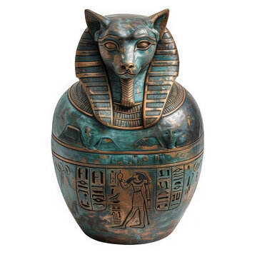 Ancient egyptian canopic jar with cat head lid as PNG cutout isolated on transparent background
