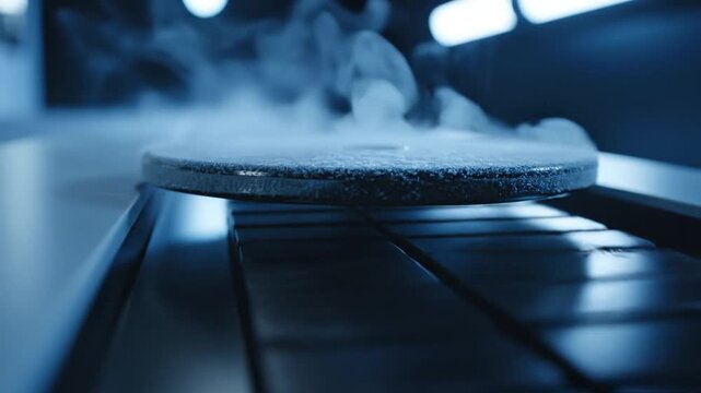 Superconductor disk levitating over magnetic track in blue laboratory