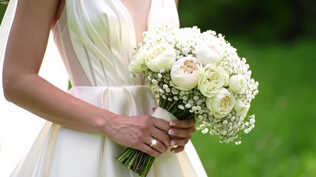 Serene MCU video of beautiful bride in white gown and veil, holding white rose bouquet, prominent diamond ring, blurred green meadow with bokeh. Wedding celebration concept