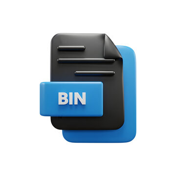 BIN file format icon, 3D digital document with BIN label, black and blue data file symbol on white background, binary executable file type