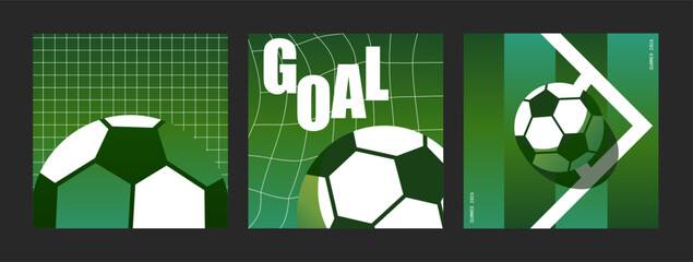 Soccer Goal Poster set, Square format for social media with football ball, net, and corner flag on a green background for the Champions tournaments  © NancyPants
