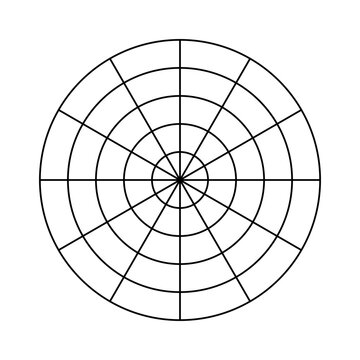Polar grid of 12 segments and 4 concentric circles. Wheel of life template. Coaching tool. Circle diagram of lifestyle balance. Polar graph blank paper.