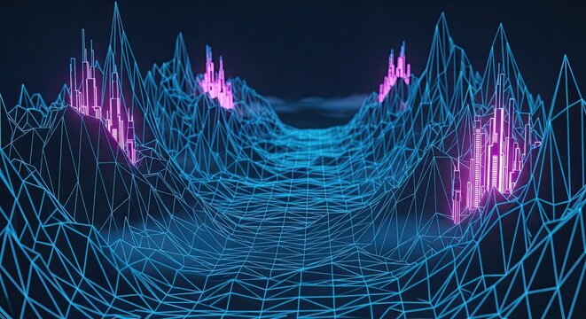 Futuristic digital landscape with glowing neon blue wireframe mountains and vibrant pink data peaks representing virtual reality metaverse exploration and abstract technology concepts in a dark