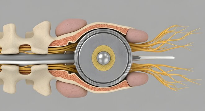 Spinal disc replacement and neurosurgery. Vertebrae anatomy and nerve decompression. Top view of a spinal disc implant between bones with surrounding yellow nerves